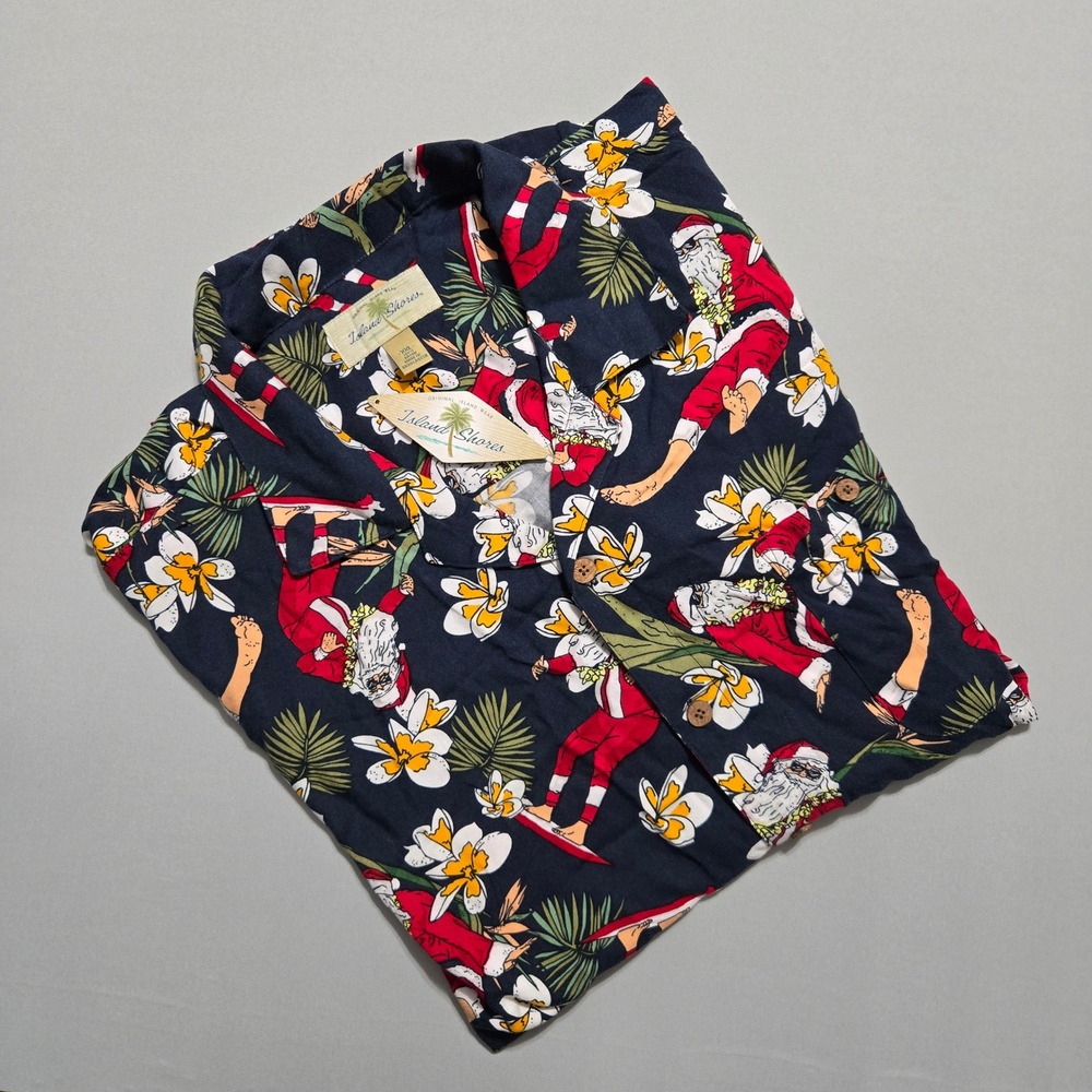 Island Shores Hawaiian Shirt Men XXL Navy Blue Santa Christmas Button Down Rayon